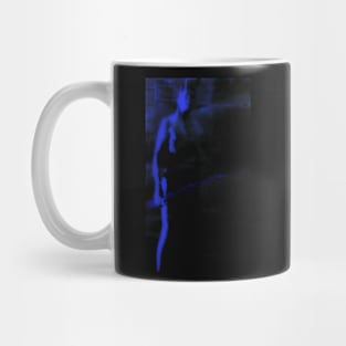 Portrait, digital collage and special processing. Dark fantasy. Man with spike. Blue, glow. Mug